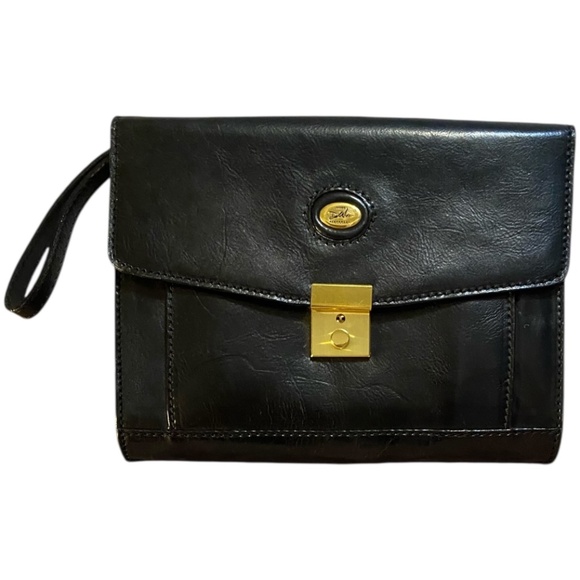 Vintage Derek Alexander black Leather w brass look locking clutch bag. Unisex - Picture 1 of 16
